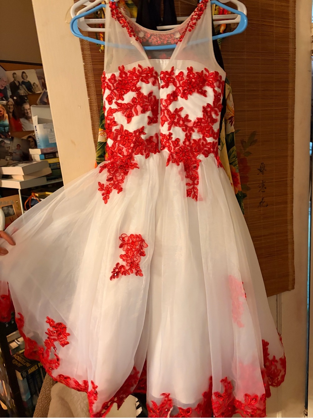 White & Red Floral Applique Tulle Party Dress for Girls
